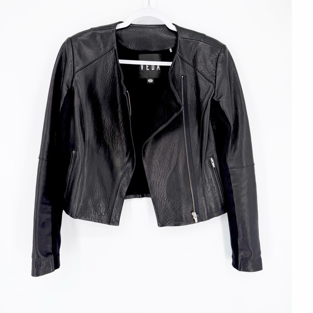 Veda Lamb Leather Jacket Womens Moto Fitted Black Collarless Zip Front Medium